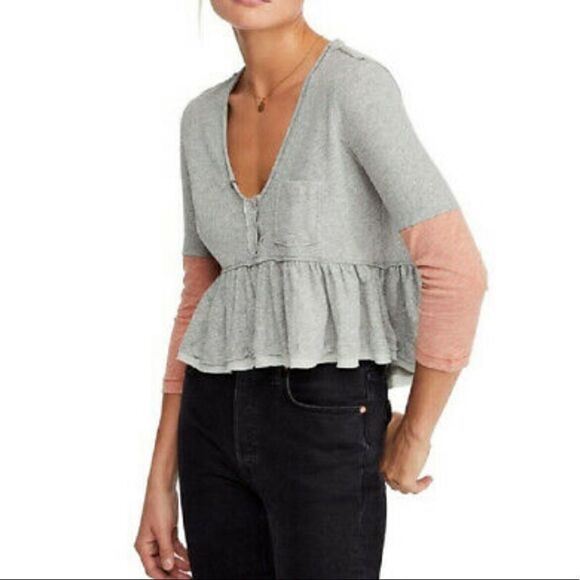 Free People Baby Doll Top Gray Orange /Peach Large V Neck Pocket Cotton - Picture 1 of 10
